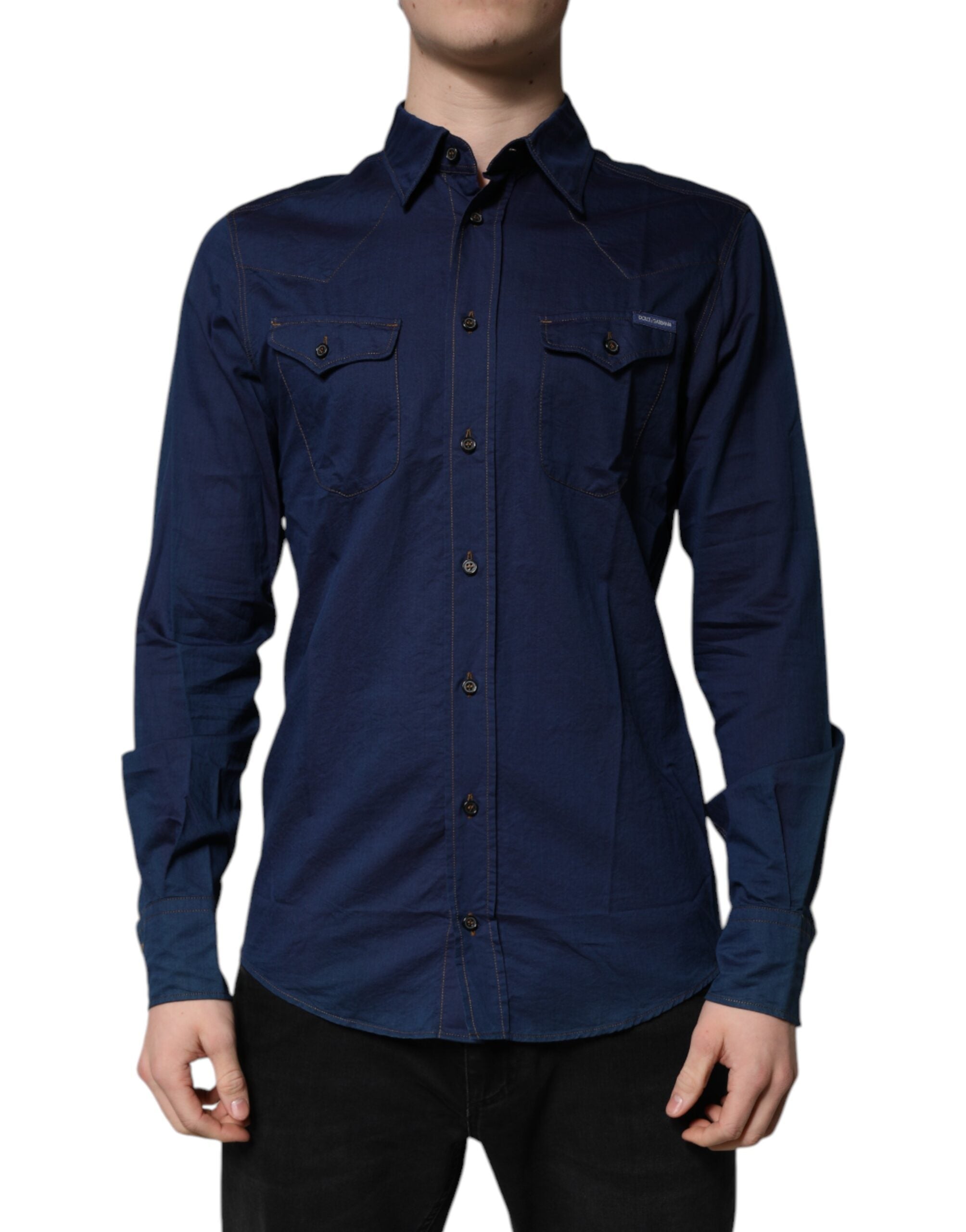 Dolce & Gabbana Dark blue cotton dress GOLD Formal shirt